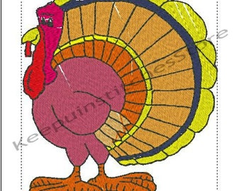 Puede incluir: Un pavo de dibujos animados con la cabeza roja y las plumas de la cola amarillas, naranjas y marrones. El pavo está de pie sobre dos patas naranjas.