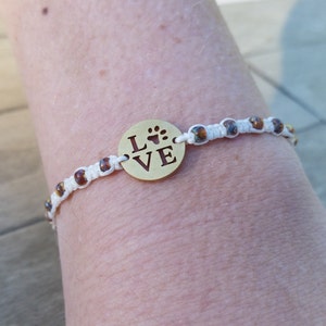 Dog LOVE Paw print charm Adjustable Macrame Waxed cording Beaded Bracelet Boho Hippie Beach Surfer Friendship Animal lover Veterinarian Gift