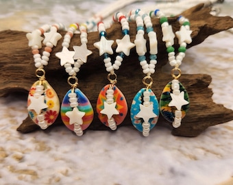 Painted Cowrie Shell Mother of Pearl Star Beaded Necklace