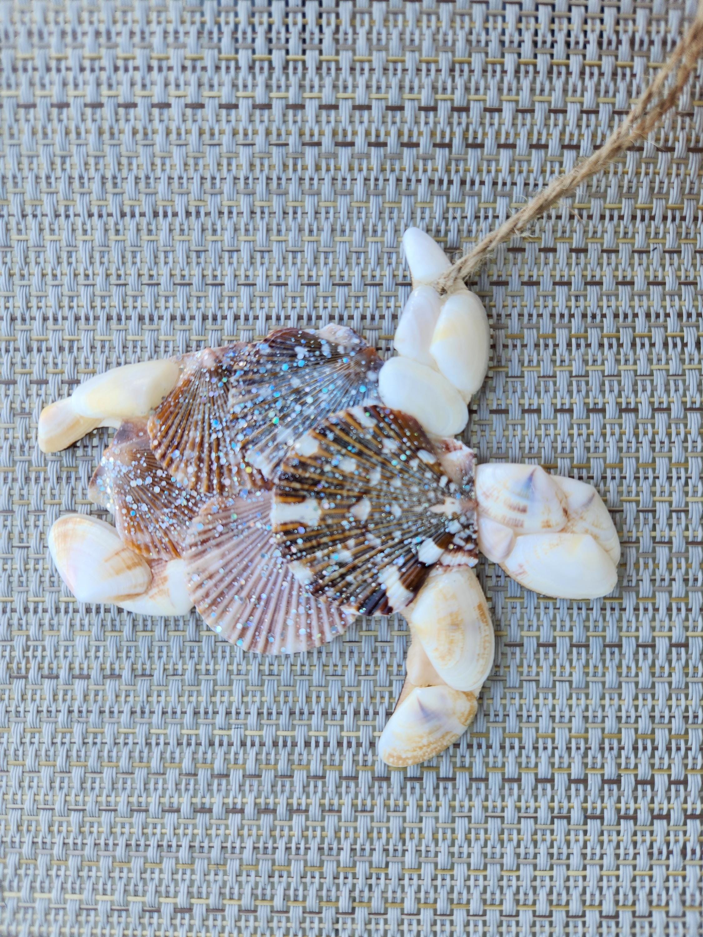 Turtle Sea Turtle Natural Seashells Wooden Hanging Christmas Tree Ornament Holiday Decoration Florida Souvenir Present Gift
