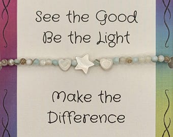 Star and Heart Mother of Pearl Beaded Adjustable Bracelet