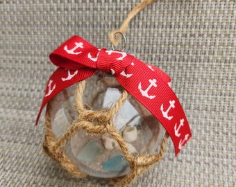 Buoy Ball Ornament Nautical Coastal Beach Florida Souvenir Holiday Christmas Gift Ocean Hanging Decor Anchor Ribbon Sand Seashells Seaglass
