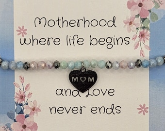 MOM Heart Charm Beaded Adjustable Bracelet