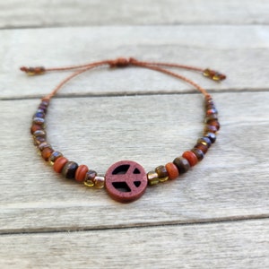 Peace Sign Beaded Bracelet Seed Picasso Glass beads Adjustable Waxed cord Boho Hippie Beach Surfer Friendship Inspirational Motivational