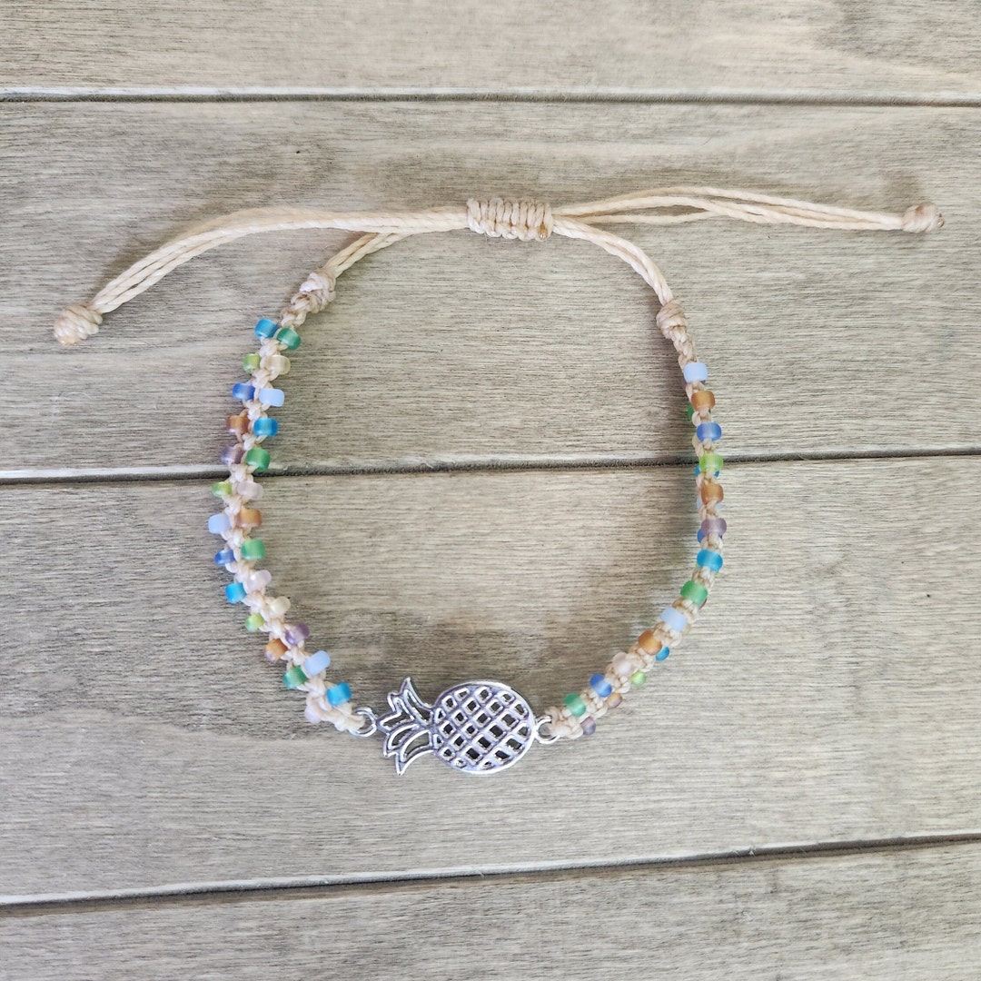Pineapple Charm Bracelet Adjustable Macrame Seed Bead Boho Hippie