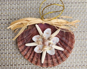 Scallop Shell Ornament Hanging Decor Holiday Christmas Gift Present Souvenir Coastal Nautical Beach house Natural Seashell Starfish Flower