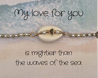 Cowri Shell Gold Heart Beaded Adjustable Beach Bracelet