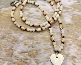 Mother of Pearl Heart Pendant Necklace and Memorial Bookmark Set