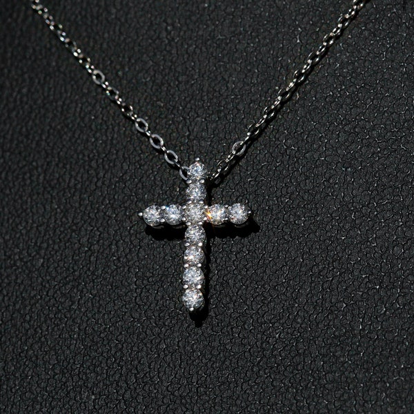 Tiny VVS1 Moissanite Small Cross Pendant Necklace for Women, 18k White Gold Plated Solid 925 Sterling Silver Cross, Passes Diamond Test!