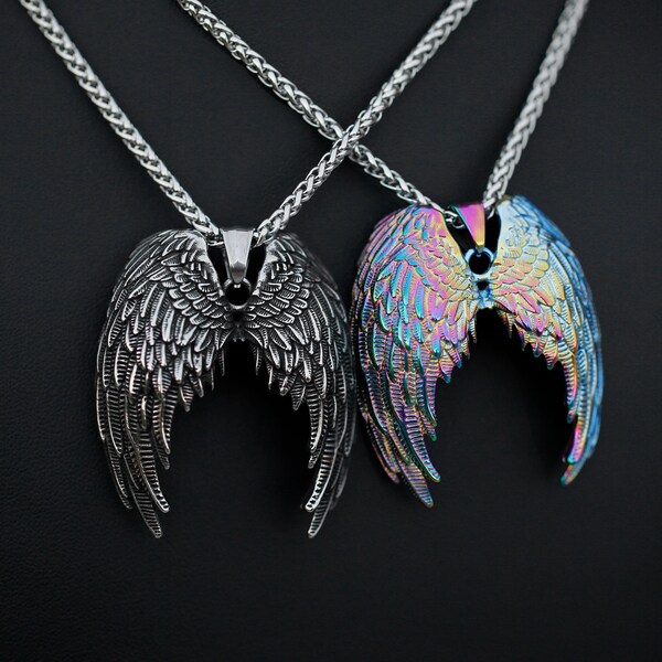 316l Stainless Steel Angel Wings Guardian Pendants Silver / Multicolor + 24" Necklace Chain