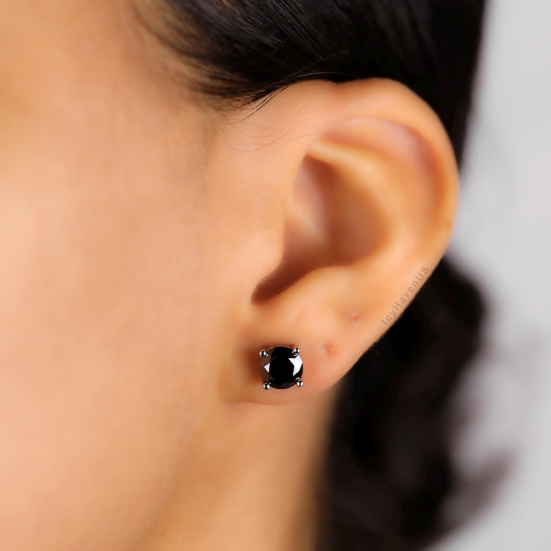 Black Moissanite Stud Earrings, 18k White Gold Plated Sterling Silver 6.5mm 2.0ctw