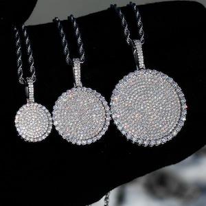 VVS1 Moissanite Circular Round Dog Tag Pendant Necklace for Men, Small / Medium / Large Dogtag 925 Sterling Silver, Passes Diamond Test!