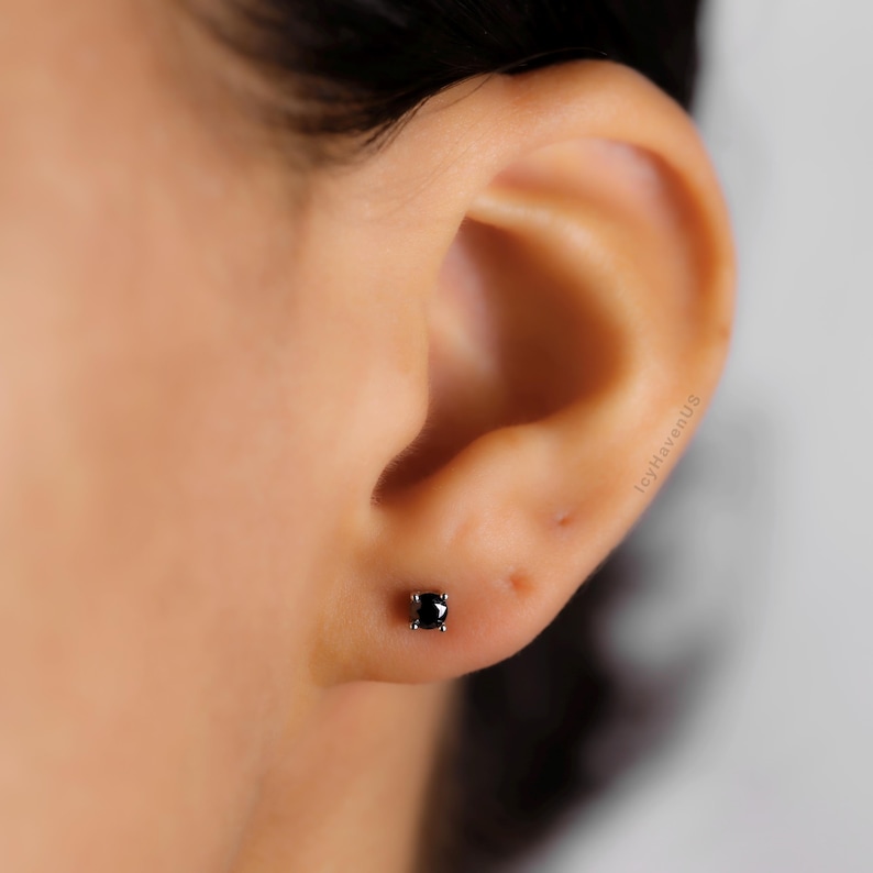 Black Moissanite Stud Earrings, 18k White Gold Plated Sterling Silver 3.0mm 0.2ctw