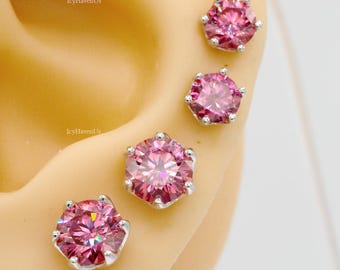 Pink Moissanite Sterling Silver 6 Prong Stud Earrings 925 Silver