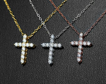 Small VVS1 Moissanite Small Cross Pendant Necklace for Women, 18k White / Yellow / Rose Gold Plated Solid S925 Silver, Pass Diamond Test