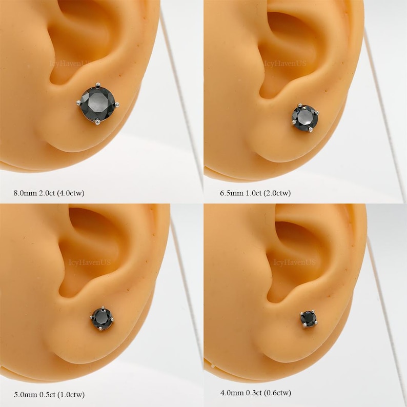 May include: Four close-up images of black diamond earrings in different sizes. The earrings are shown on a model's earlobe. The sizes are 8.0mm, 6.5mm, 5.0mm, and 4.0mm.