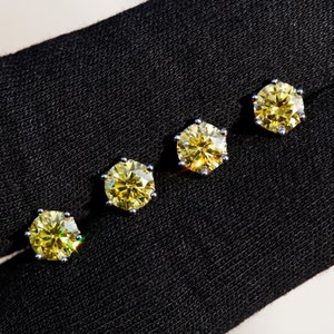 1.0ctw - 2.0ctw Yellow Moissanite 6 Prong Stud Push Back Earrings for Women, Solid 925 Sterling Silver, Passes Diamond Test