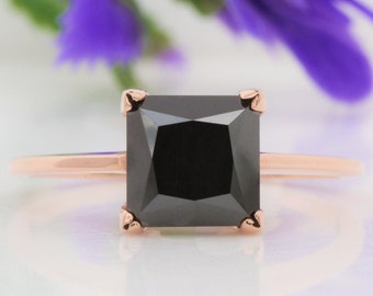 Princess Cut Engagement Ring, Natural Black Diamond Bridal Ring, Anniversary Ring, Wedding Ring ! Gift For Her ! Diamond Ring