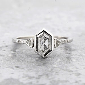 Unique Hexagon Salt and Pepper Diamond Ring Trillion White Diamond Bezel Band Galaxy Gray Diamond Engagement Ring 14K Gold Ring Gift For Her