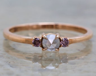 Salt and Pepper Diamond Ring, Pink Diamond Ring, Round Rose Cut Diamond Ring, Engagement Ring, 14K Rose Gold Ring, Wedding Ring