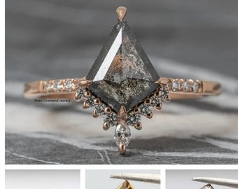 Custom Design Salt & Pepper Kite, Lozenge Diamond Engagement Ring, Avaline Setting, 14k Rose Gold, 14k White Yellow Gold Gift For Her