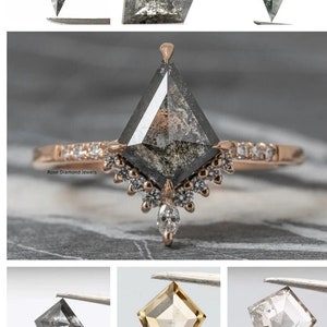 Custom Design Salt & Pepper Kite, Lozenge Diamond Engagement Ring, Avaline Setting, 14k Rose Gold, 14k White Yellow Gold Gift For Her