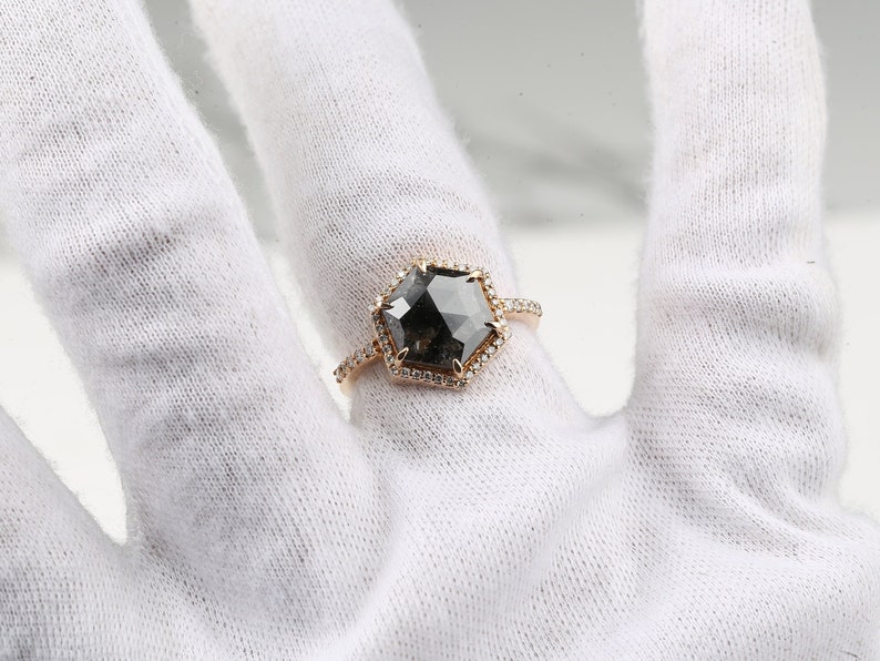 Salt and Pepper Diamond Ring, Hexagon Ring, Unique Engagement Ring, Rose Cut Halo Diamond Ring, 14k Gold Ring, Wedding Ring, Gift For Her image 8