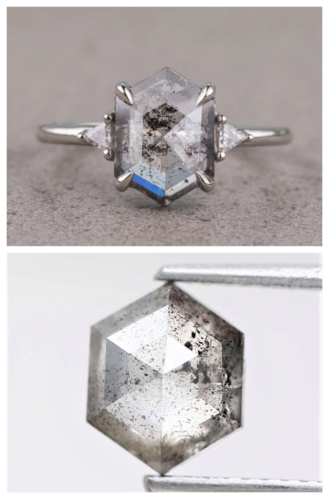 Salt and Pepper Hexagon Diamond Engagement Ring Zoe Setting Etsy