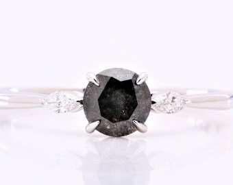 Salt and Pepper Diamond Ring, Engagement Ring, Round Diamond Ring, 14k Round Gold Ring, Art Deco Ring, Natural Diamond Ring,Promise Ring