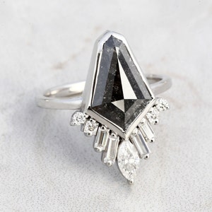 Salt and Pepper Diamond Ring Kite Cut Diamond Engagement Ring Sets Art & Deco Unique Bridal Kite Diamond Promise Ring 14K White Gold image 2