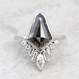 Salt and Pepper Diamond Ring Kite Cut Diamond Engagement Ring Sets Art & Deco Unique Bridal Kite Diamond Promise Ring 14K White Gold image 6