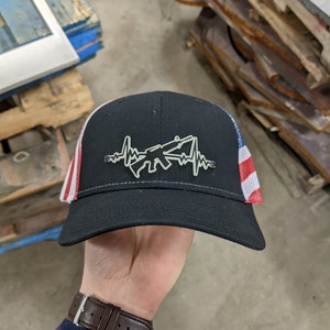 Glow in the Dark Stainless AR Heartbeat Snapback Hat - Black Mesh American Flag Hat