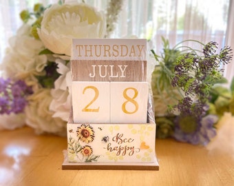 Bee Themed Wooden Block Perpetual Calendar with words "Be Happy" and Sunflower Design presented in Gift Box