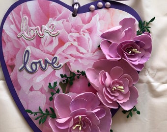 Wooden Heart Wall Hanging in a Stunning Design with Handmade Pink and Purple Flowers