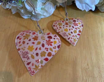 Autumnal Leaf Design Hanging Metal Heart - Choice of 8 cm or 10 cm