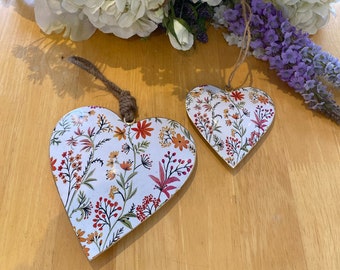 Beautiful Orange and Pink Flower Design Metal Flower Hanging Heart Decoration - 15 cm and 10 cm (your choice)