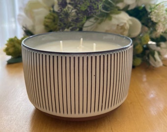 Beautiful Ceramic Green and White Stripe - 550 g - 3 Wick Candle (your choice of fragrance)
