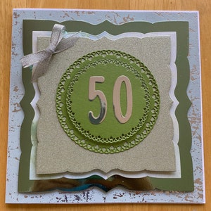 Unique Boxed 50th Birthday Card - Pale Green - Beautifully Handmade