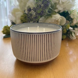 Striped Ceramic Candle: 3-Wick Soy Wax, Bug Off Scent