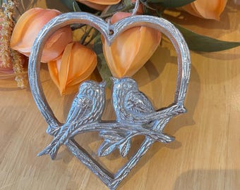 Silver Metal Heart Decoration with Bird Design Hanger