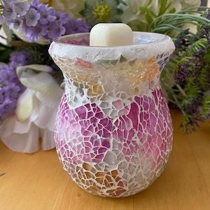 Pink Iridescent Mirror Crackle Glass Wax Melt/Oil Burner w/ 8 Heart Wax Melts (choose from 30+ Fragrances) and a 4+ Hr Burn Time Tea Light