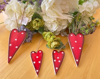 Beautiful Bright Red Ceramic Heart with White Stars and Hanger (two sizes) 10 cm and 13.5 cm.