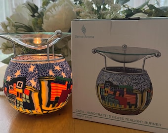 Hand Painted Glass Oil/Wax Melt Burner: City Scene with T-Light and Wax Melts