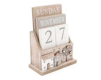 Wooden Block Perpetual Calendar with House and Tree Design