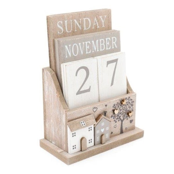 Calendrier perpétuel en bloc de bois avec motif maison et arbre