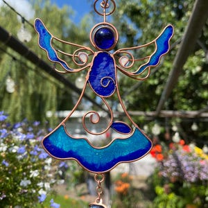 Pretty Blue and Purple Angel Windchime with Spread Wings and soft tinkling chime