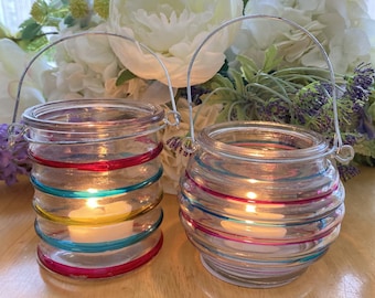 Pretty Glass Stripe T-Light Holder and Wire Hanger w/FREE 4+ Hr Soy Wax T-Light Fragranced/Un-Fragranced w/a choice up to 30 Fragrances