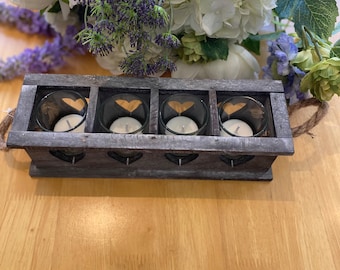 Grey Wooden Heart Tea Light Candle Holder with Fragranced Soy Wax T-Lights