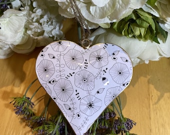 Pretty Black and White Flower Design with Gold Edge Metal Hanging Heart Decoration - 11 cm