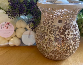 Gold Crackle Glass Wax Melt Burner with Eco Soy Heart Melts